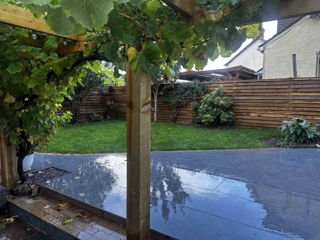 Grey flagstone garden patio